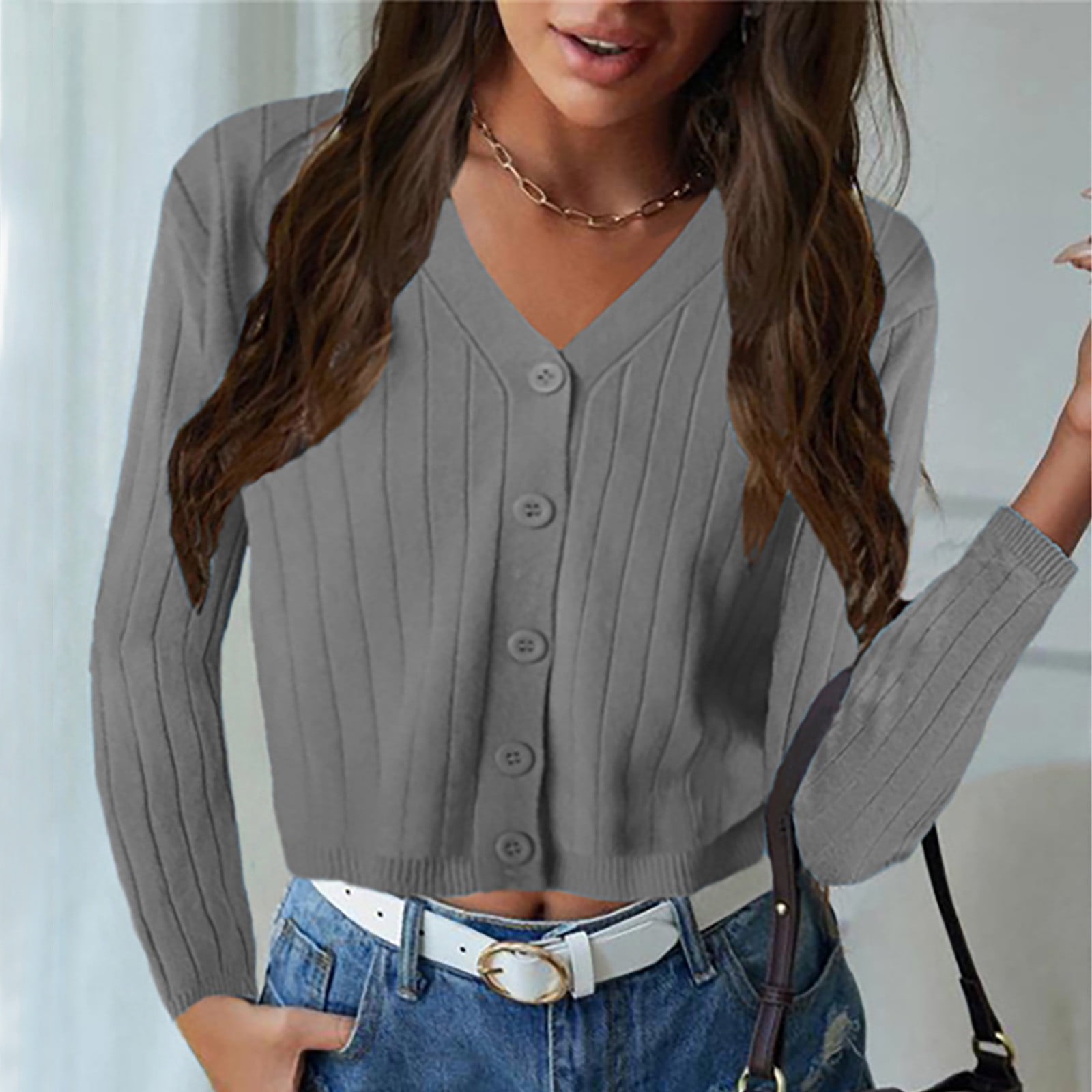 Women's Cropped Cardigan V-Neck Button Down Knitted Sweater 3/4