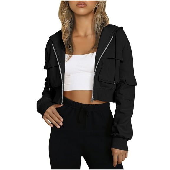 Women's Cropped Cargo Jacket with Drawstring Hood 4 Pockets Casual Trendy Short Hoodie Coat Y2k Clothes Long Sleeve (S, Black)