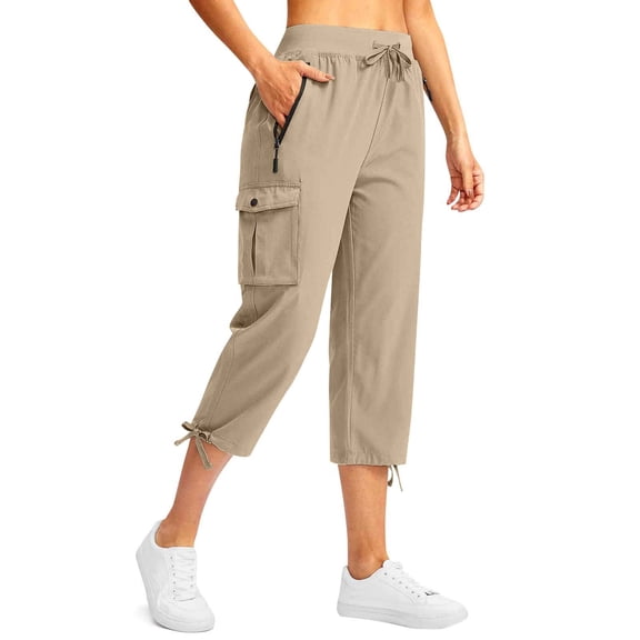 Women's Cropped Cargo Pants Casual Loose Fit Breathable Linen Blend Streetwear Style Workwear Trousers for Spring Autumn Season Khaki M