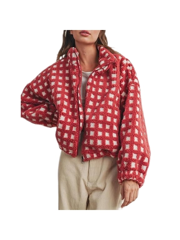 Women's Cropped Checkered Sherpa Fleece Jacket, Long Sleeve Stand Collar Zip Up Plaid Teddy Outerwear, Winter Warm Casual Chunky Fleece Coats with Pockets