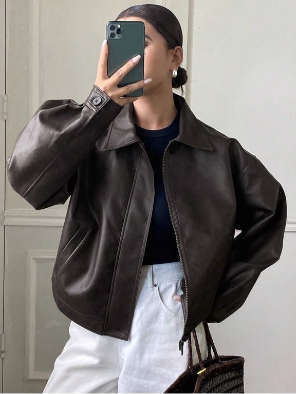 Women's Cropped Collared Faux Leather Zip‑Up Jacket