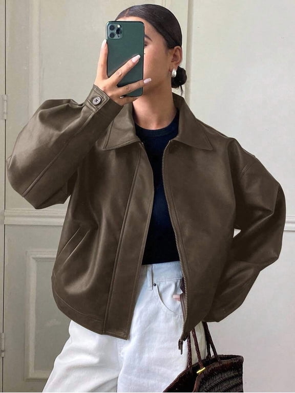Women's Cropped Collared Faux Leather Zip‑Up Jacket