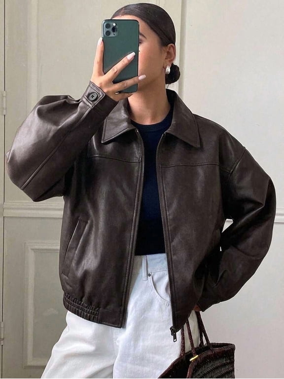 Women's Cropped Collared Faux Leather Zip‑Up Jacket