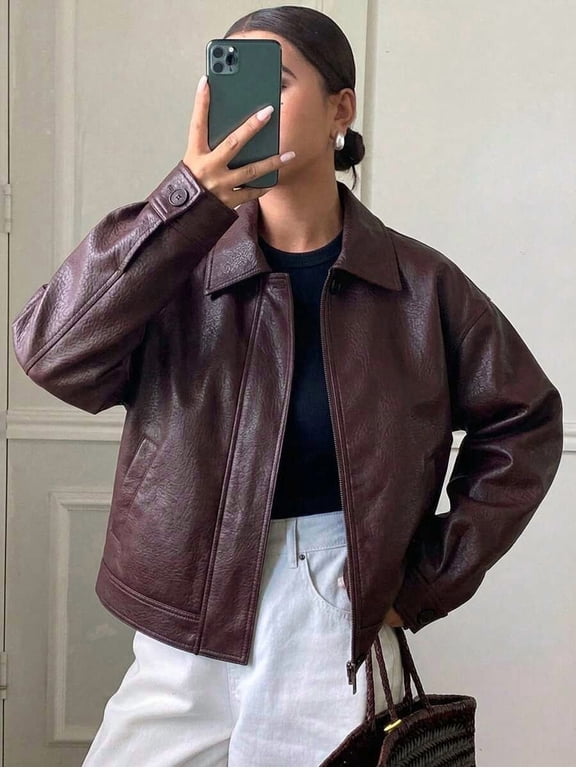 Women's Cropped Collared Faux Leather Zip‑Up Jacket