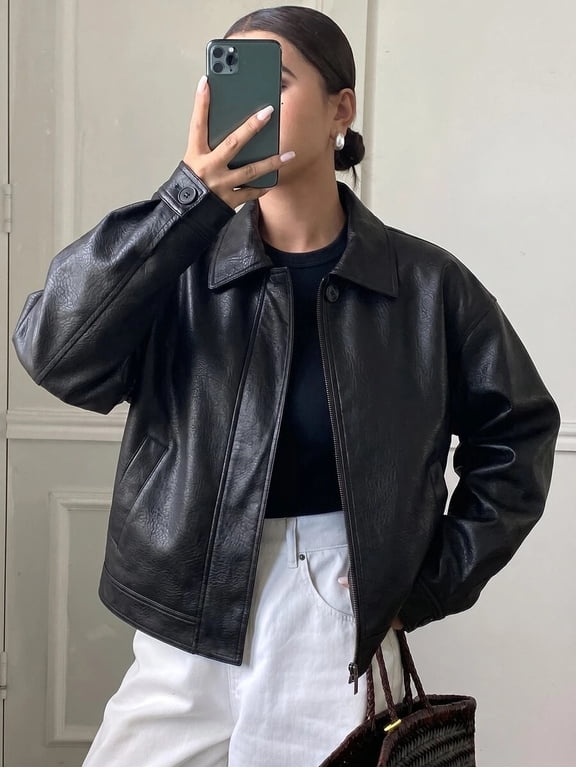 Women's Cropped Collared Faux Leather Zip‑Up Jacket