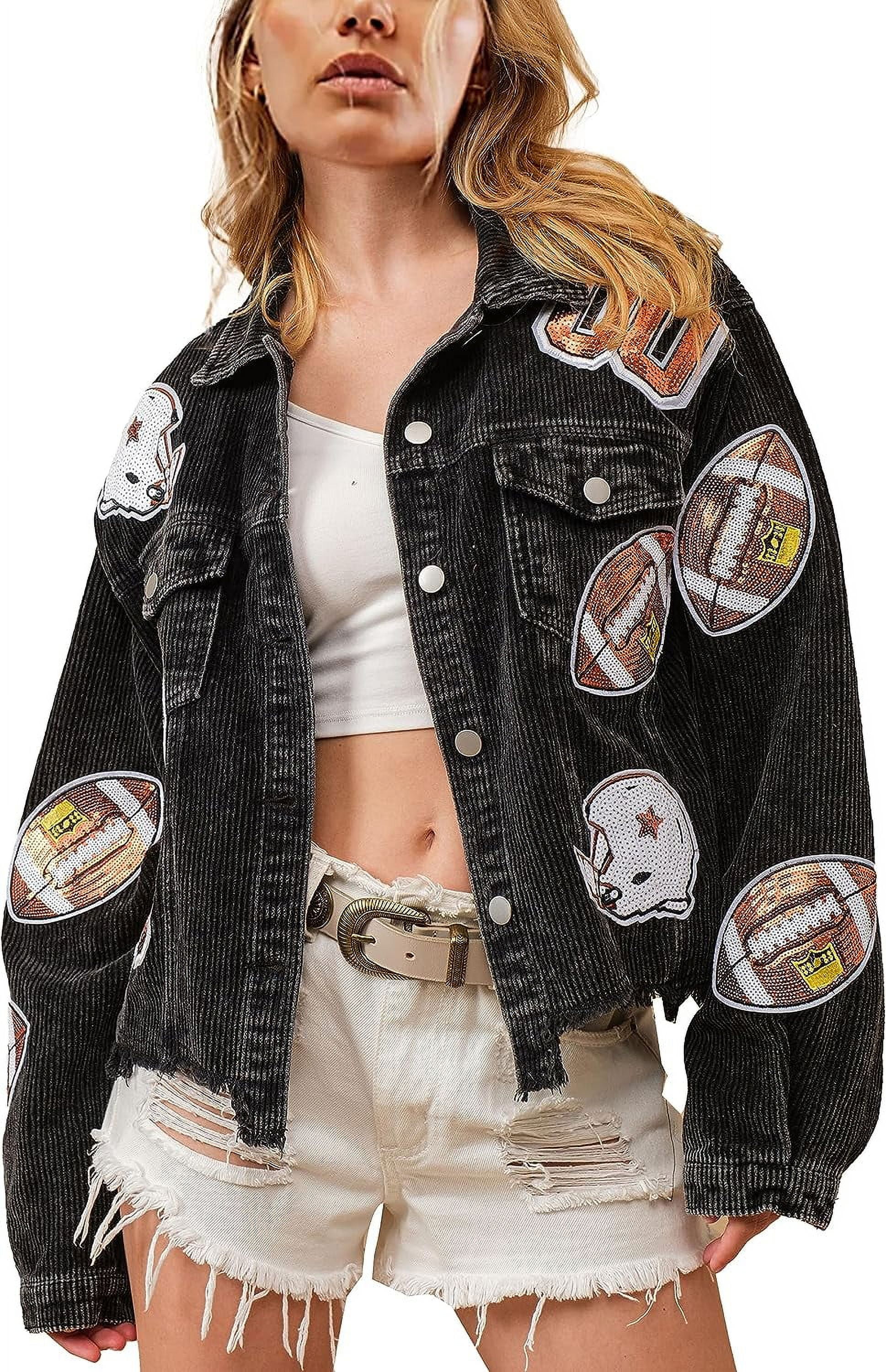 Women's Cropped Corduroy Jacket Football Sequin Patched Short Button