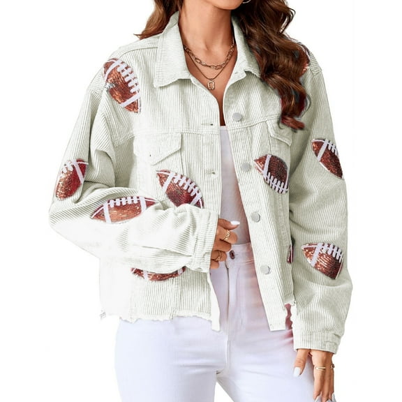 Women's Cropped Corduroy Jacket Football Sequin Patched Short Button Raw Hem Jacket Coat