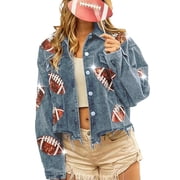 Women's Cropped Corduroy Jacket Football Sequin Patched Short Button Raw Hem Jacket Coat