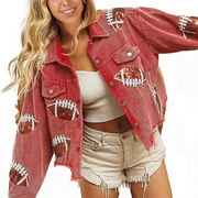 Womens Cropped Corduroy Jacket Football Sequin Patched Short Button Raw Hem Jacket Coat