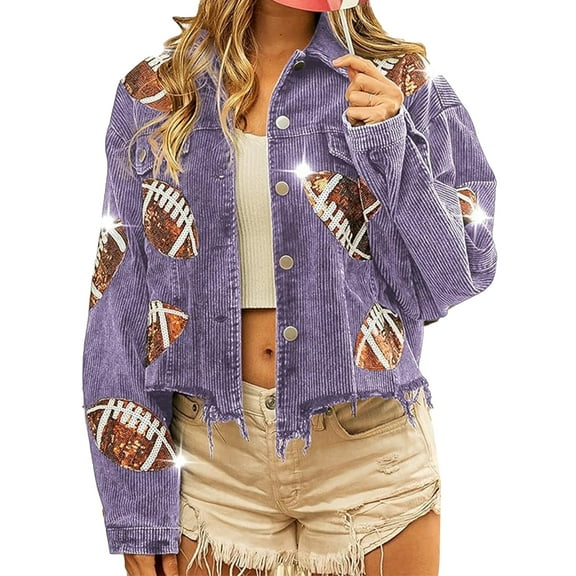 Women's Cropped Corduroy Jacket Football Sequin Patched Short Button Raw Hem Jacket Coat