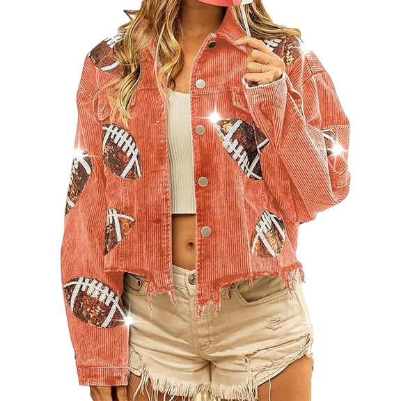 Women's Cropped Corduroy Jacket Football Sequin Patched Short Button Raw Hem Jacket Coat