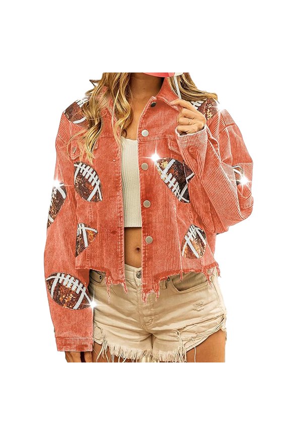 Women's Cropped Corduroy Jacket Football Sequin Patched Short Button Raw Hem Jacket Coat