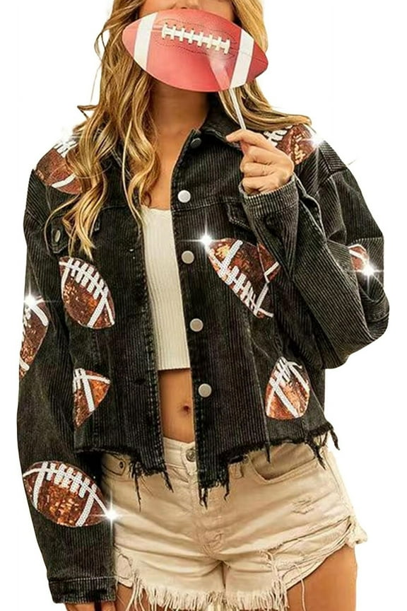 Women's Cropped Corduroy Jacket Football Sequin Patched Short Button Raw Hem Jacket Coat