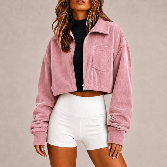 Women's Cropped Corduroy Zip Jacket, Long Sleeve Collared Outerwear with Chest Pocket for Fall