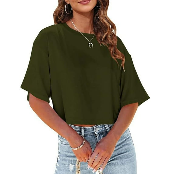 Women's Cropped Crew Neck T-Shirt Casual Loose Fit Short Sleeve Tee Soft Comfortable Summer Top