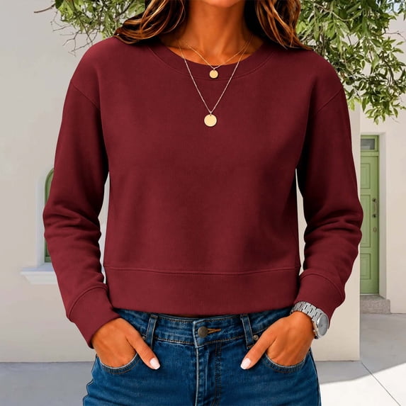 Women's Cropped Crewneck Sweatshirt Color Long Sleeve Casual Loose‑Fit Crop Pullover Fall Tops