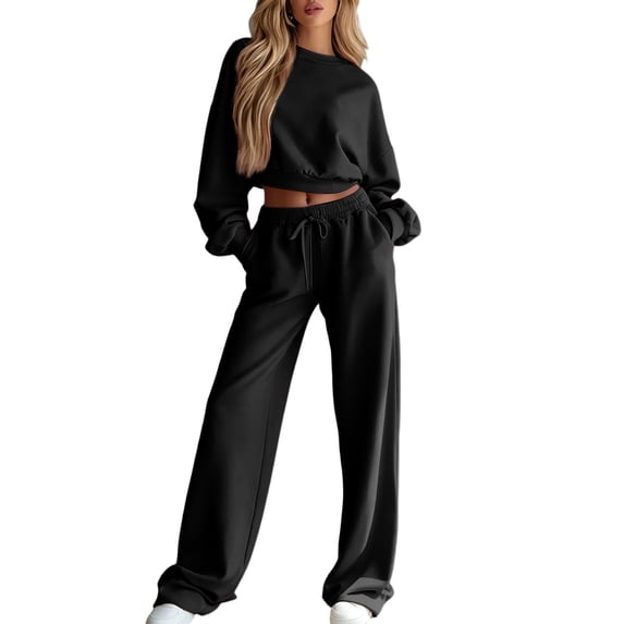 Women's Cropped Crewneck Sweatshirt & Wide Leg Pants 2 Piece Loungewear Set, Casual Solid Color Tracksuit Matching Sweatsuit Outfit Black L