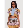 thumbnail image 1 of Women's Cropped Denim Detail Raw Hem Plaid Tiered Shirt, 1 of 5