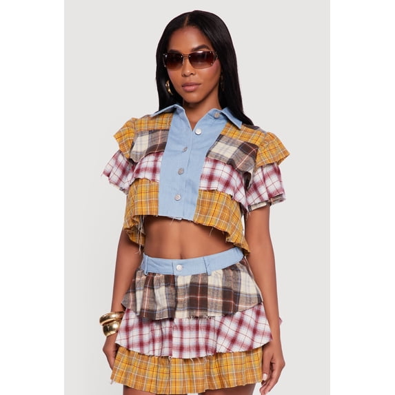 Women's Cropped Denim Detail Raw Hem Plaid Tiered Shirt