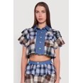 thumbnail image 1 of Women's Cropped Denim Detail Raw Hem Plaid Tiered Shirt, 1 of 5