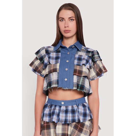 Women's Cropped Denim Detail Raw Hem Plaid Tiered Shirt