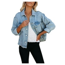 Women's Cropped Denim Jacket, Distressed Button Jean Shirt, Long Sleeve Frayed Hem Short Blue Jean Coat Denim Jackets for Lady Trendy Blue L