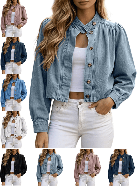 Women's Cropped Denim Jacket Lightweight Long Sleeve Jean Jacket Casual Outing Trendy Coat Spring Fall for Layering