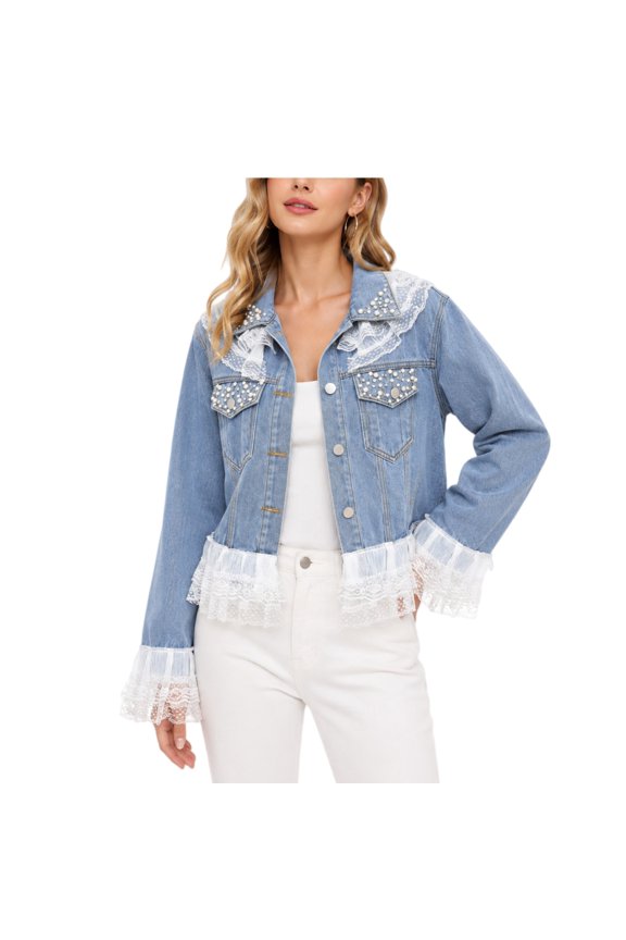 Women's Cropped Denim Jacket, Washed Lace Trim Beaded Jean Jacket Top