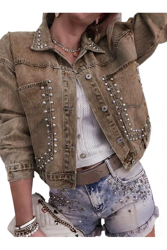 Women's Cropped Denim Jacket with Studded Details, Acid Wash Trucker Jacket for Casual Wear