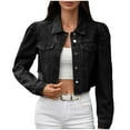 thumbnail image 1 of Women's Cropped Denim Jackets 2025 Casual Button Down Long Sleeves Fitted Crop Coats Hem Frayed Washed Jean Tops (L, Black), 1 of 6