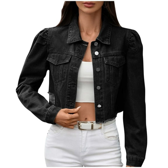 Women's Cropped Denim Jackets 2025 Casual Button Down Long Sleeves Fitted Crop Coats Hem Frayed Washed Jean Tops (L, Black)