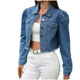thumbnail image 1 of Women's Cropped Denim Jackets 2025 Casual Button Down Long Sleeves Fitted Crop Coats Hem Frayed Washed Jean Tops (S, Blue), 1 of 6