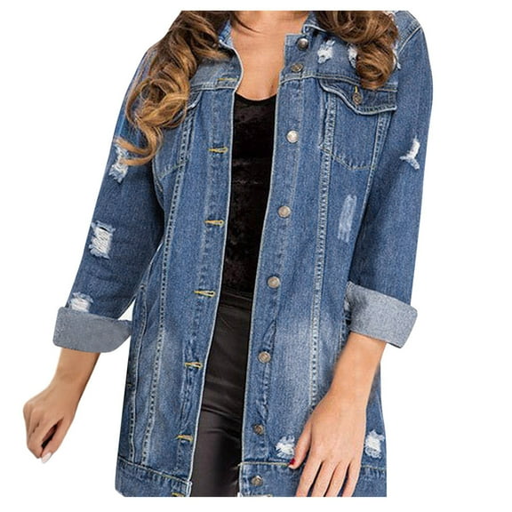 Women's Cropped Denim Jackets Ladies Mid-Length Long-Sleeved Dark Ripped Trench Coat Women's Basic Denim Jacket S-215 Blue XXL