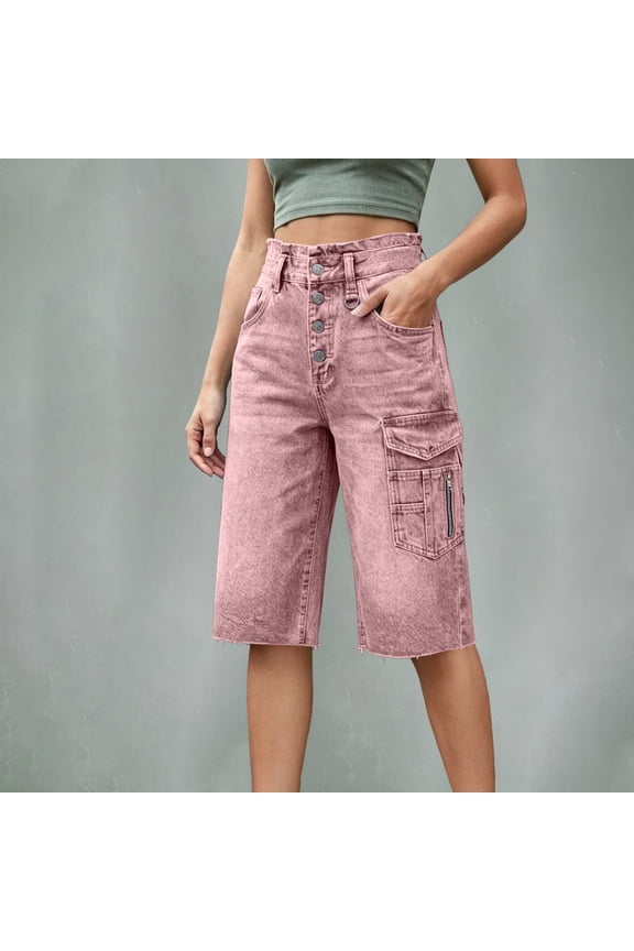 Women's Cropped Denim Pants, High Waisted Solid Color With Button & Zipper, Casual Summer Jeans With Functional Pockets Pink M