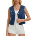 thumbnail image 1 of Women's Cropped Denim Vest V Neck Western Button Up Sleeveless Jean Waistcoat Jacket M Dark Blue, 1 of 6