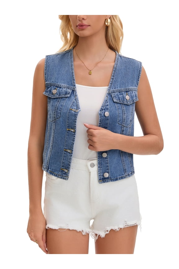 Women's Cropped Denim Vest V Neck Western Button Up Sleeveless Jean Waistcoat Jacket S Light Blue