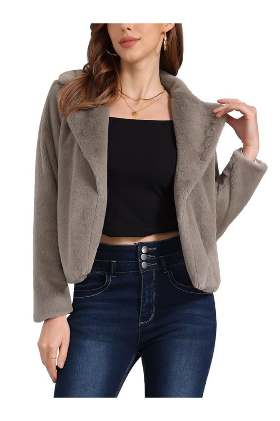 Women's Cropped Faux Fur Coat Fashion Winter Open Front Jacket Notch Lapel Long Sleeve Fluffy Coat M Grey Coffee