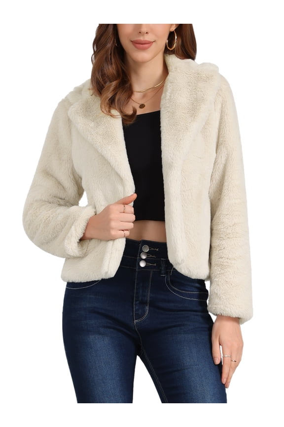 Women's Cropped Faux Fur Coat Fashion Winter Open Front Jacket Notch Lapel Long Sleeve Fluffy Coat M Light Khaki
