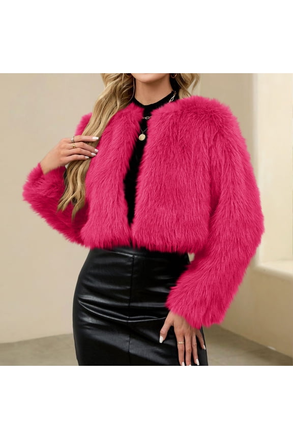 Women's Cropped Faux Fur Coat Long Sleeve Open Front Cardigan Casual Fluffy Parka Shaggy Short Jacket Coat