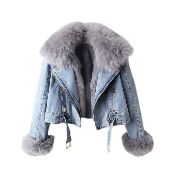 Women’s Cropped Faux Fur Denim Jacket with Removable Fleece Lining – Blue Winter Coat