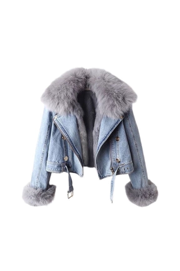 Women’s Cropped Faux Fur Denim Jacket with Removable Fleece Lining – Blue Winter Coat