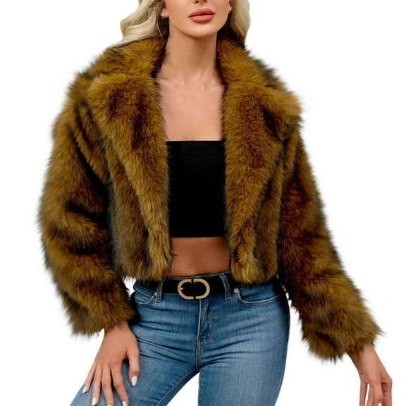 Women's Cropped Faux Fur Jacket Fluffy Long Sleeve Cardigan Warm Fall Winter Coats with Shawl Collar Brown M