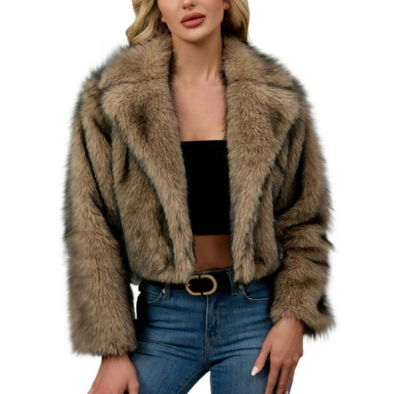 Women's Cropped Faux Fur Jacket Fluffy Long Sleeve Cardigan Warm Fall Winter Coats with Shawl Collar Khaki L