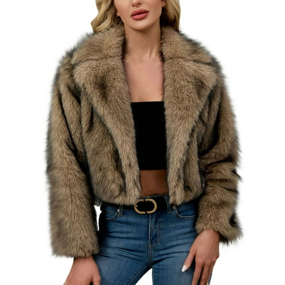 Women's Cropped Faux Fur Jacket Fluffy Long Sleeve Cardigan Warm Fall Winter Coats with Shawl Collar Khaki M