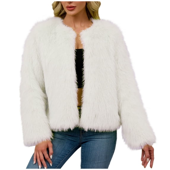Women's Cropped Faux-Fur Jacket Long Sleeve Open Front Coat Casual Fluffy Parka Shaggy Short Jackets Fashion Outerwear