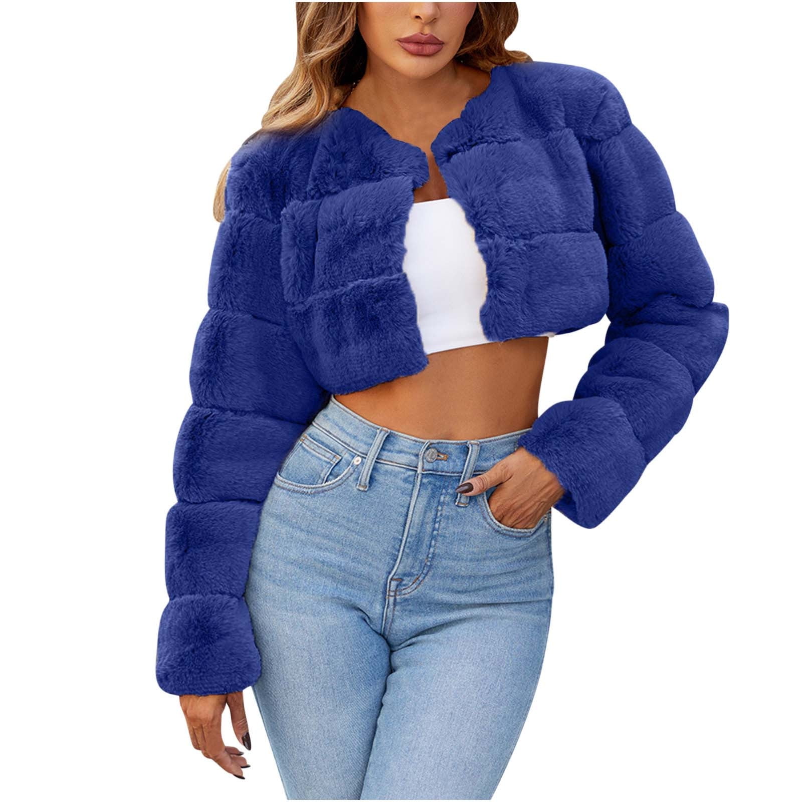 Women's Cropped Faux Fur Jacket Long Sleeve Warm Winter Open Front