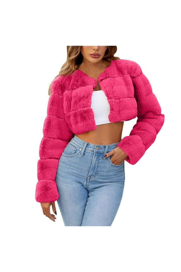 Women's Cropped Faux Fur Jacket Long Sleeve Warm Winter Open Front Cardigan Coats Furry Short Outerwear