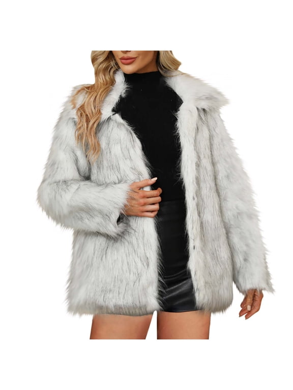 Women's Cropped Faux Fur Jacket Loose Lapel Long Sleeve Warm Winter Coats Shaggy Furry Outerwear with Pockets