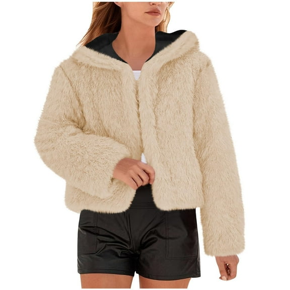 Women's Cropped Faux Fur Jacket Plush Fuzzy Open Front Hooded Coat Winter Warm Crop Jackets Shaggy Outerwear