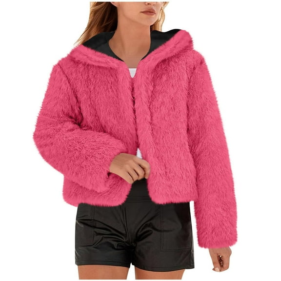 Women's Cropped Faux Fur Jacket Plush Fuzzy Open Front Hooded Coat Winter Warm Crop Jackets Shaggy Outerwear